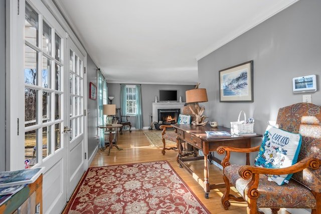 office area featuring ornamental molding and light hardwood / wood-style flooring