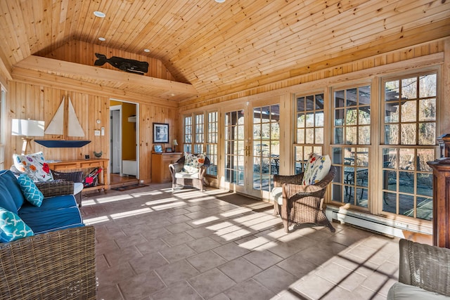 unfurnished sunroom with lofted ceiling, wooden ceiling, and french doors