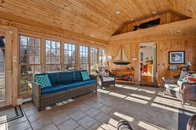 sunroom with vaulted ceiling and wooden ceiling