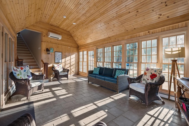 sunroom featuring wood ceiling, vaulted ceiling, a wall unit AC, and a baseboard radiator