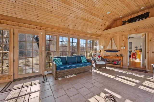 unfurnished sunroom with vaulted ceiling, a baseboard heating unit, and wooden ceiling