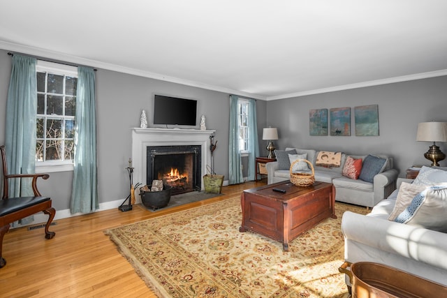 living room featuring hardwood / wood-style floors and ornamental molding