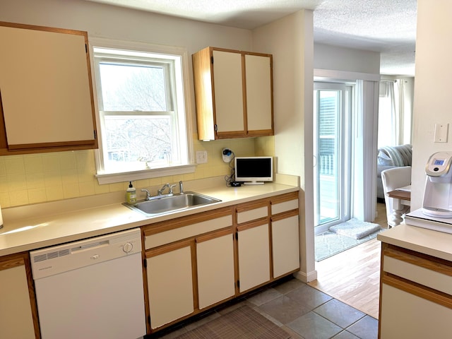 kitchen with sink, a healthy amount of sunlight, decorative backsplash, and white dishwasher