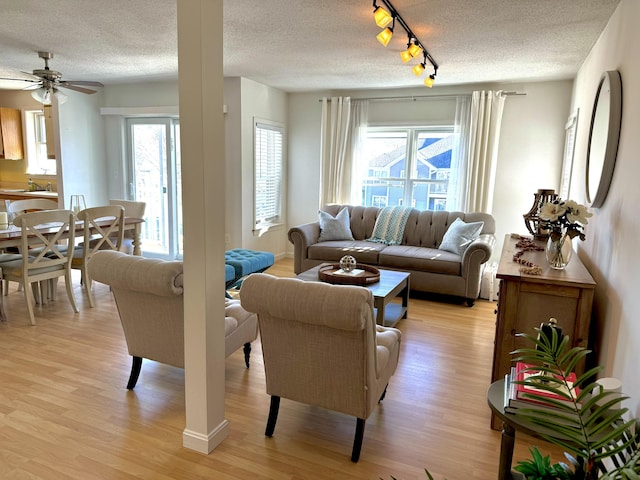 living room featuring rail lighting, a textured ceiling, and light wood-type flooring