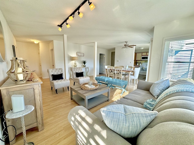 living room featuring rail lighting, light wood-type flooring, a textured ceiling, and ceiling fan