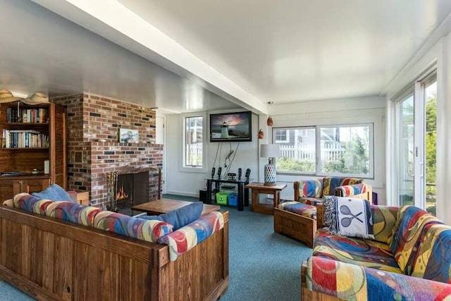 232 Robbins Hill Rd, Brewster, MA 02631 - carpeted living room featuring a brick fireplace