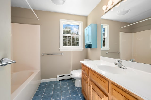 full bathroom with tile patterned flooring, toilet, vanity, baseboards, and baseboard heating