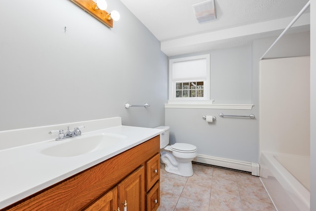 bathroom with visible vents, toilet, a baseboard heating unit, vanity, and tile patterned floors