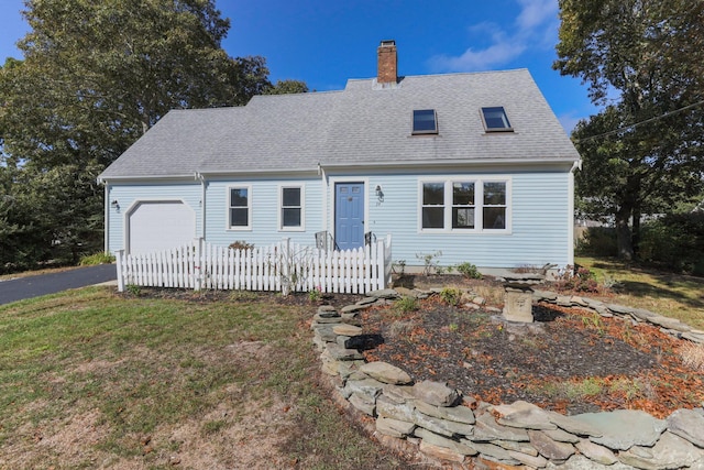 cape cod house featuring a garage, roof with shingles, fence, and a chimney