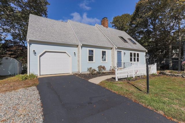 new england style home with a chimney, aphalt driveway, roof with shingles, an attached garage, and fence