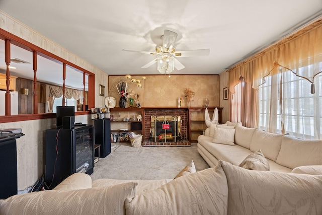 95 Anchor Ln, Cotuit, MA 02635 - carpeted living room featuring ceiling fan, a brick fireplace, and wallpapered walls