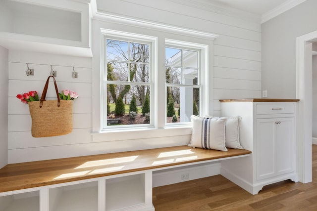 44 Tonset Rd, Orleans, MA 02653 - mudroom featuring crown molding and wood finished floors