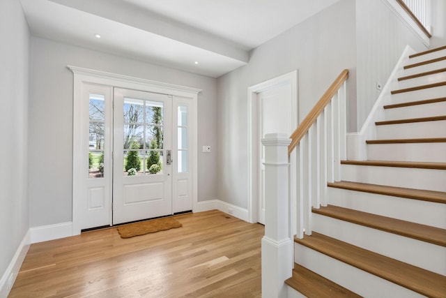 44 Tonset Rd, Orleans, MA 02653 - foyer featuring baseboards, recessed lighting, light wood-style floors, and stairs