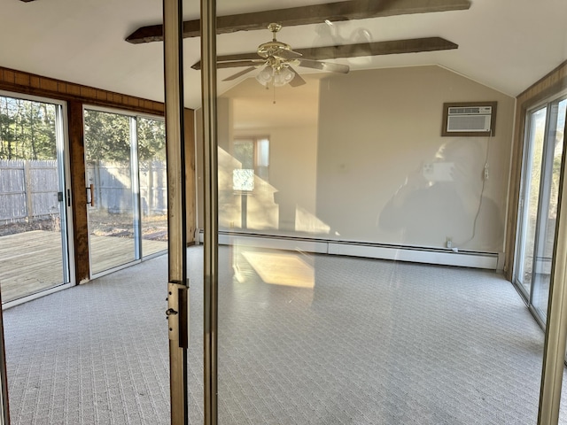 unfurnished sunroom featuring a baseboard radiator, an AC wall unit, vaulted ceiling with beams, and ceiling fan