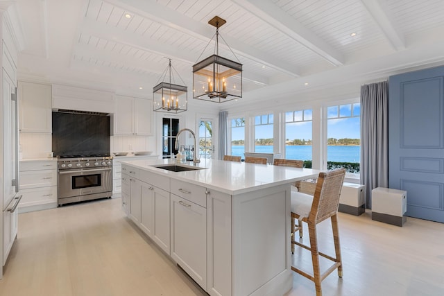 kitchen featuring a water view, a sink, white cabinets, light wood finished floors, and stainless steel range