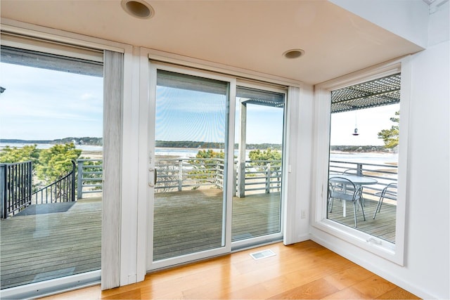 entryway with a water view and light hardwood / wood-style flooring