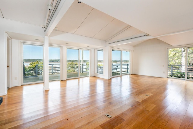 empty room featuring plenty of natural light, lofted ceiling, and light wood-type flooring