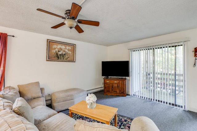 living room featuring carpet floors, a textured ceiling, a baseboard heating unit, and ceiling fan