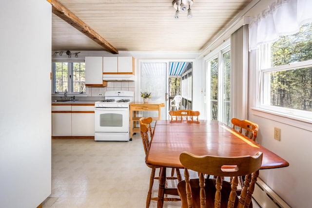 40 Georges Way, Wellfleet, MA 02667 - dining area with light flooring, wooden ceiling with exposed beams, and a baseboard heating unit