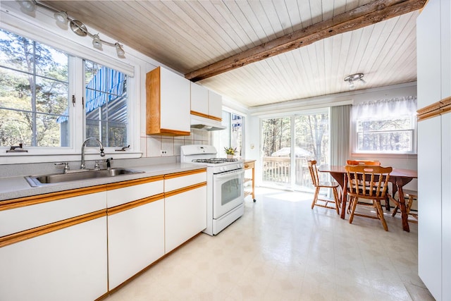 40 Georges Way, Wellfleet, MA 02667 - kitchen with a sink, gas range gas stove, healthy amount of natural light, under cabinet range hood, and wood ceiling with exposed beams