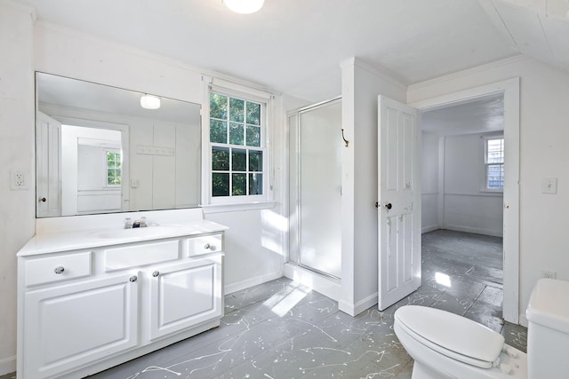 bathroom with a shower with door, toilet, and vanity