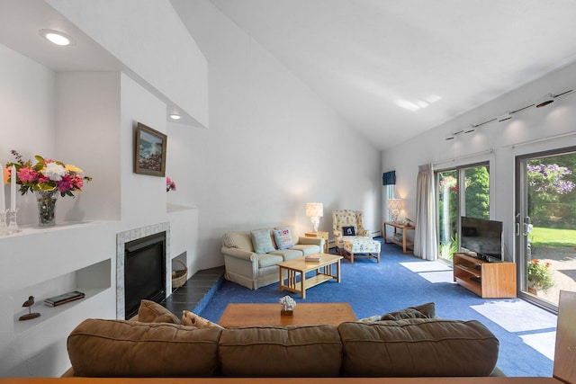 24 Sparrowhawk Rd, Orleans, MA 02653 - living area with a tiled fireplace, rail lighting, high vaulted ceiling, recessed lighting, and carpet flooring