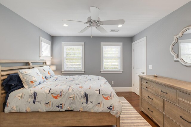10 Shiverick Rd, East Dennis, MA 02641 - bedroom with dark wood-style floors, ceiling fan, and recessed lighting