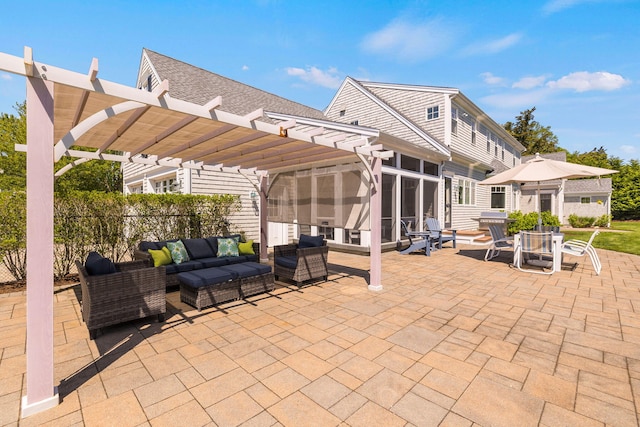 10 Shiverick Rd, East Dennis, MA 02641 - view of patio with a pergola, an outdoor living space, and a sunroom