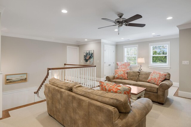 10 Shiverick Rd, East Dennis, MA 02641 - living area featuring ornamental molding, recessed lighting, ceiling fan, and wainscoting