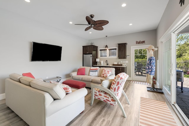 10 Shiverick Rd, East Dennis, MA 02641 - living room with light wood finished floors, recessed lighting, and a ceiling fan