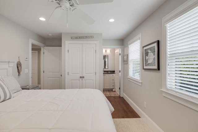 10 Shiverick Rd, East Dennis, MA 02641 - bedroom with wood finished floors, recessed lighting, ensuite bath, ceiling fan, and a closet