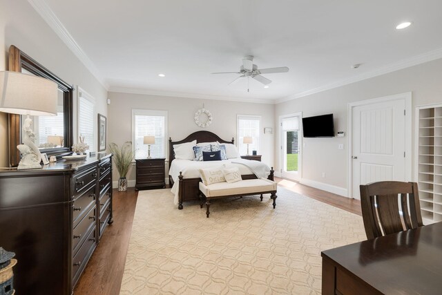 10 Shiverick Rd, East Dennis, MA 02641 - bedroom featuring light wood-style flooring, multiple windows, crown molding, recessed lighting, and a ceiling fan