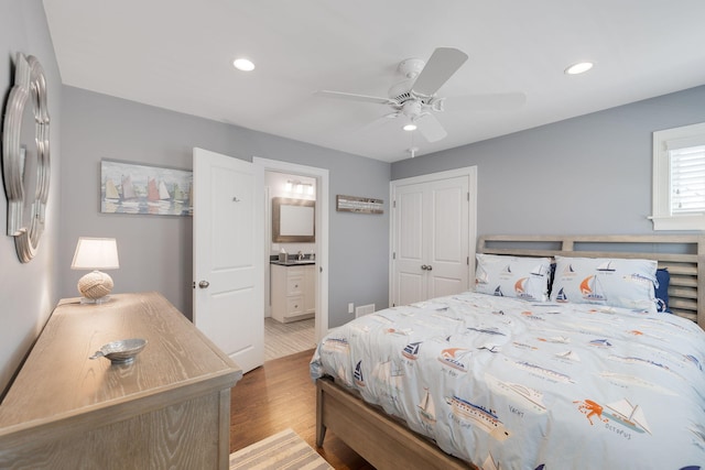 10 Shiverick Rd, East Dennis, MA 02641 - bedroom with wood finished floors, recessed lighting, ensuite bathroom, and a ceiling fan