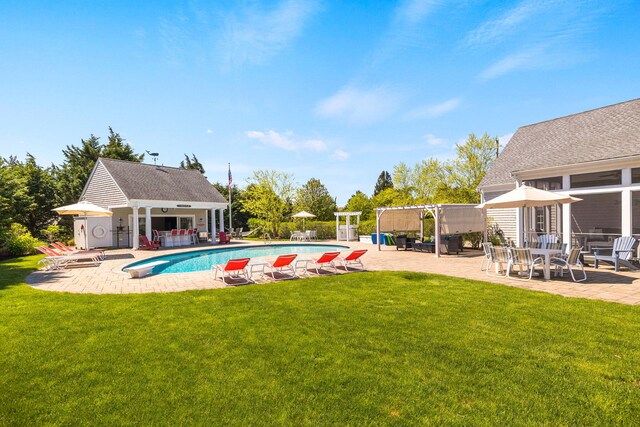 10 Shiverick Rd, East Dennis, MA 02641 - outdoor pool with a pergola, a patio area, and a yard