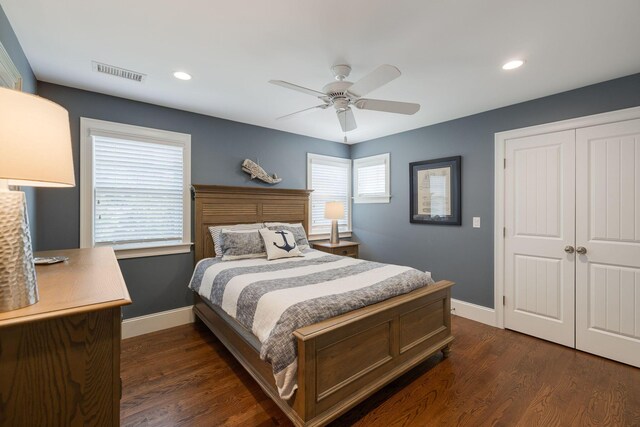 10 Shiverick Rd, East Dennis, MA 02641 - bedroom featuring dark wood finished floors, recessed lighting, a closet, and a ceiling fan