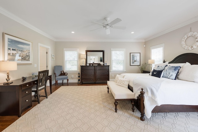 10 Shiverick Rd, East Dennis, MA 02641 - bedroom featuring multiple windows, wood finished floors, crown molding, recessed lighting, and ceiling fan