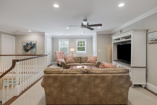 10 Shiverick Rd, East Dennis, MA 02641 - living area with recessed lighting, a ceiling fan, ornamental molding, and carpet