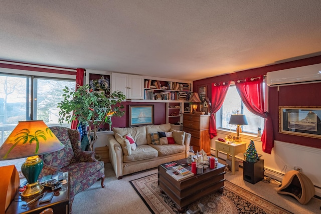 living room with a textured ceiling, a healthy amount of sunlight, a wall mounted air conditioner, and carpet floors