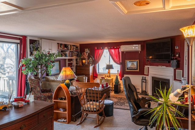 interior space with a textured ceiling, carpet flooring, and a wall mounted air conditioner