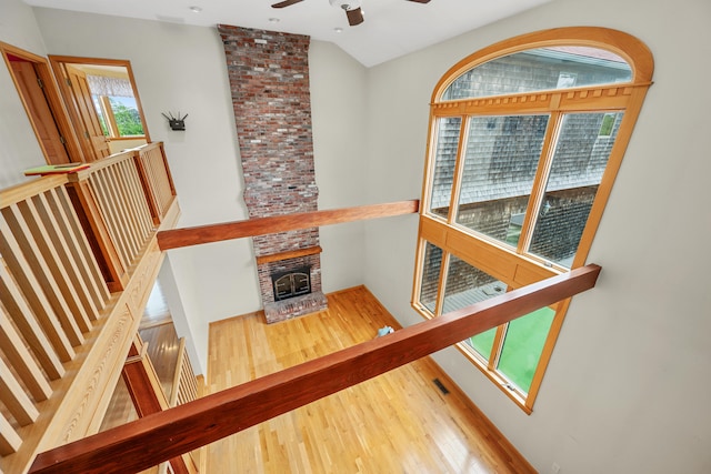 9 Priest Rd, Truro, MA 02666 - staircase with a ceiling fan, wood finished floors, and vaulted ceiling
