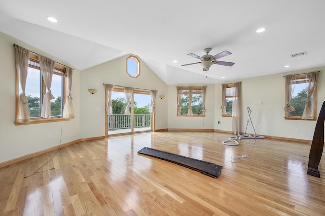 9 Priest Rd, Truro, MA 02666 - workout area featuring light wood-style floors, ceiling fan, lofted ceiling, and recessed lighting