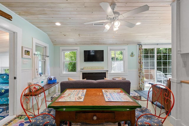 1205 Massasoit Rd, Eastham, MA 02642 - living room featuring wood ceiling, wainscoting, vaulted ceiling, a fireplace, and ceiling fan