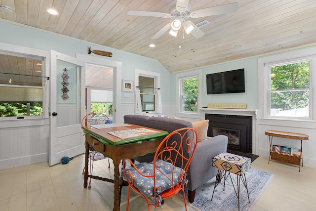 1205 Massasoit Rd, Eastham, MA 02642 - living area featuring wooden ceiling, wainscoting, wood finished floors, a glass covered fireplace, and a ceiling fan