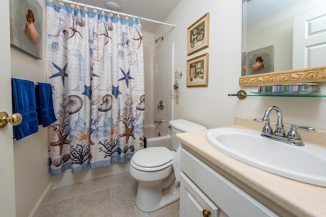 full bathroom with shower / bath combo, toilet, tile patterned flooring, and vanity