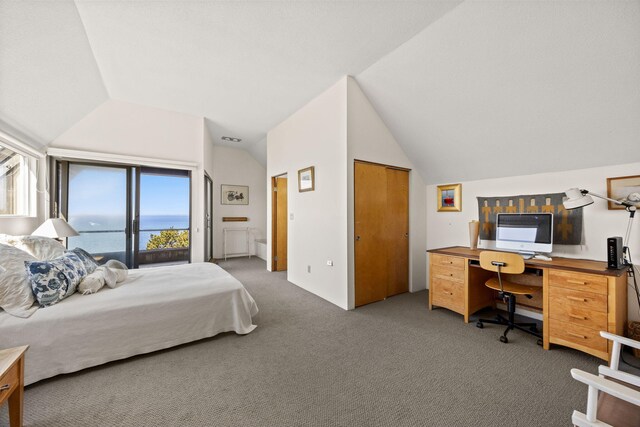 47 Fishermans Rd, Truro, MA 02666 - bedroom with vaulted ceiling, carpet, and a desk