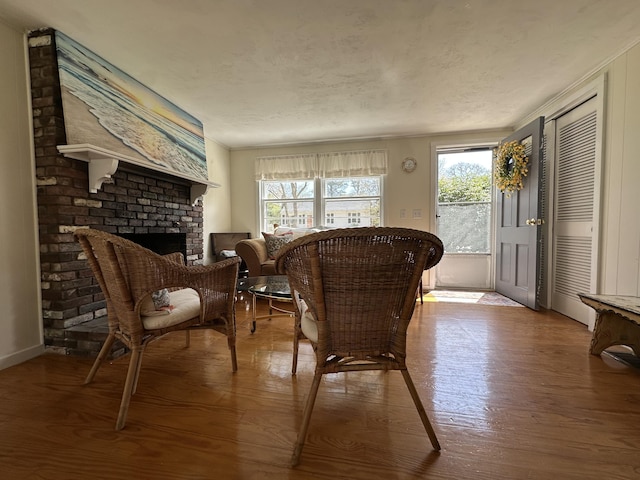 living area featuring wood finished floors and a fireplace