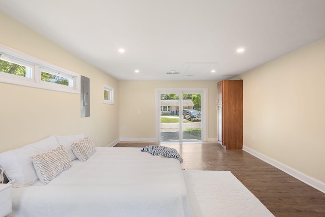20 Terry Ln E, Wareham, MA 02571 - bedroom featuring access to outside, wood finished floors, recessed lighting, and attic access