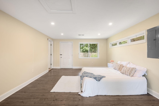 20 Terry Ln E, Wareham, MA 02571 - bedroom with electric panel, recessed lighting, dark wood-style floors, and attic access