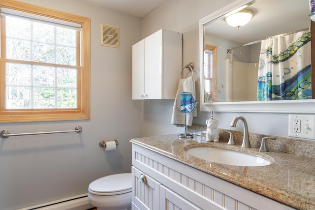 bathroom featuring a shower with curtain, a baseboard radiator, toilet, and vanity