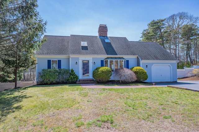 view of front facade featuring a front lawn, a chimney, a garage, entry steps, and aphalt driveway